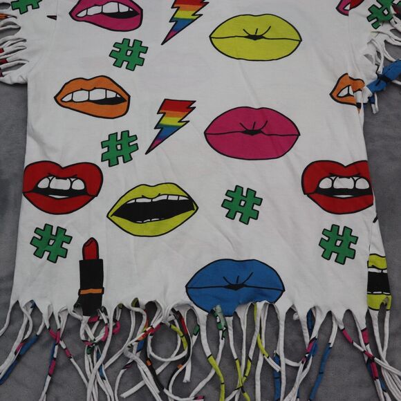 On Fire Shirt Womens L Multicolor Short Sleeve Crew Neck Fringe Hem Tee - Picture 8 of 14